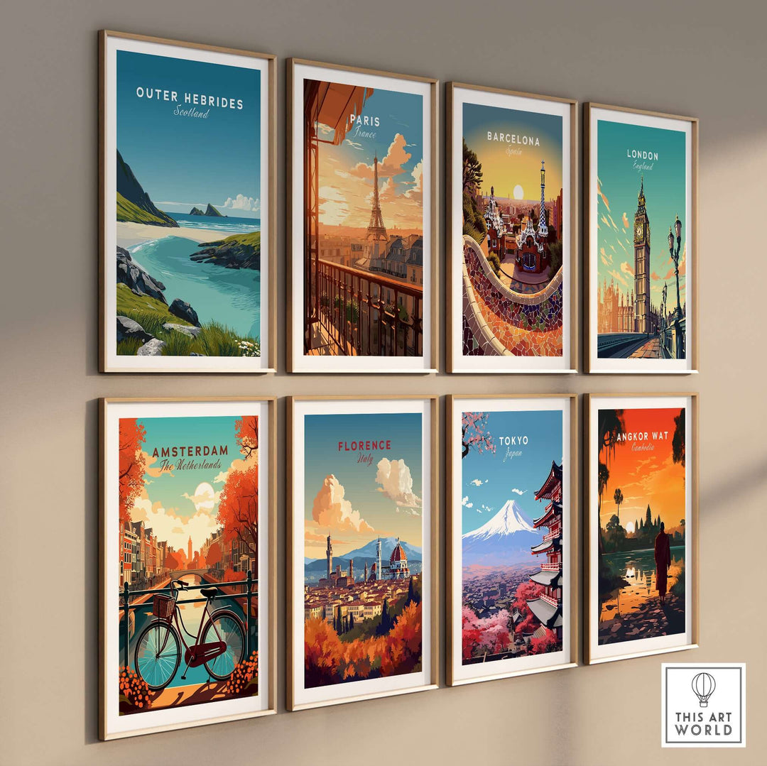 Collection of travel art prints featuring cities like Outer Hebrides, Paris, Barcelona, London, Amsterdam, and Tokyo.