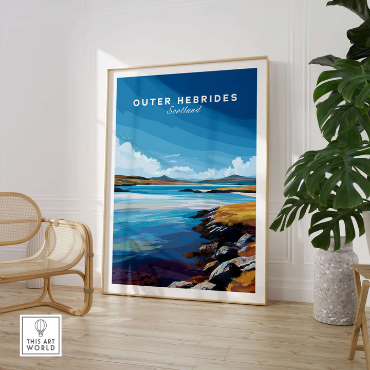 Outer Hebrides wall art poster featuring blue sea landscape, perfect for coastal decor in Scottish home.