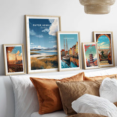 Scottish Islands Travel Print - Grassy Dunes & Seascape Poster - Outer Hebrides Decor in framed display.