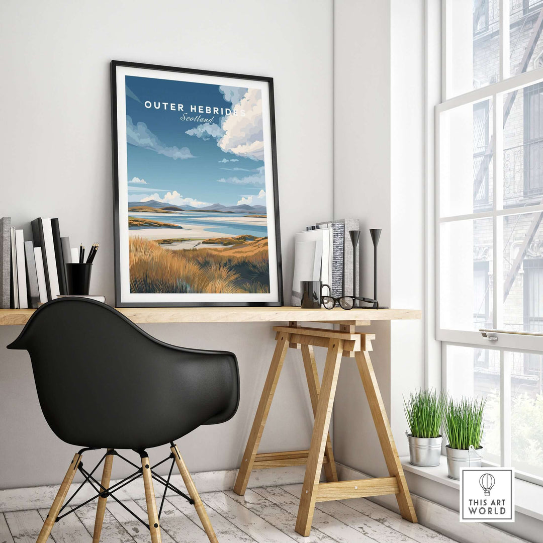 Outer Hebrides travel poster featuring grassy dunes and seascape in a modern office setting.