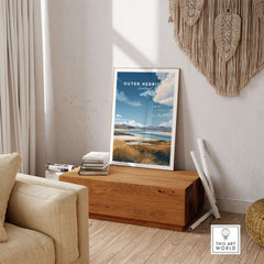 Scottish Islands Travel Print - Grassy Dunes & Seascape Poster - Outer Hebrides Decor displayed in a cozy living room.