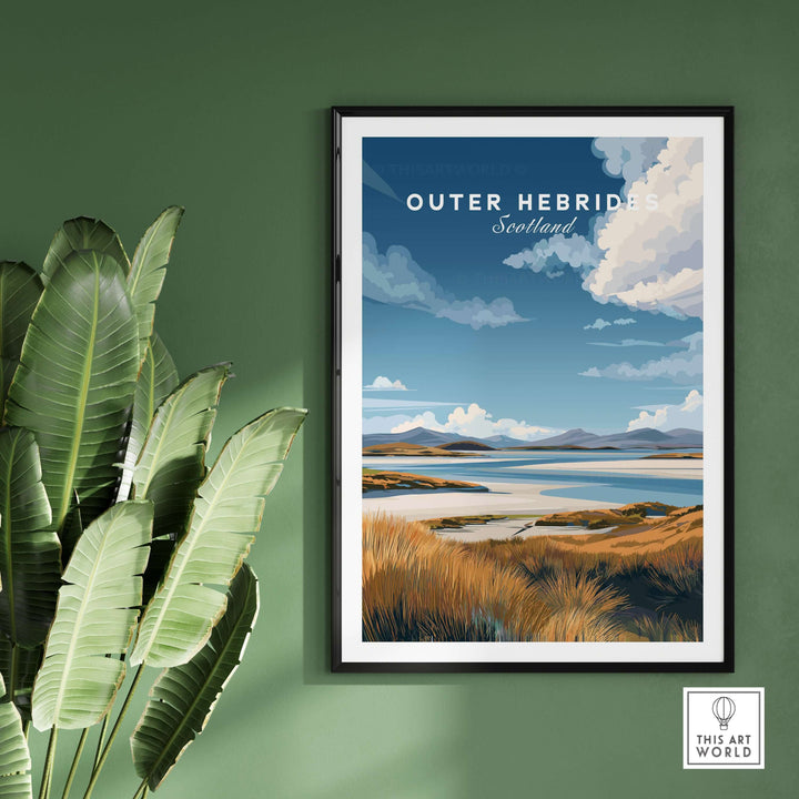 Outer Hebrides travel print featuring grassy dunes and a serene seascape, framed on a green wall with plants.