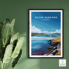 Outer Hebrides Wall Art - Scottish Islands Poster - Blue Sea Landscape Print displayed on a green wall with plants.