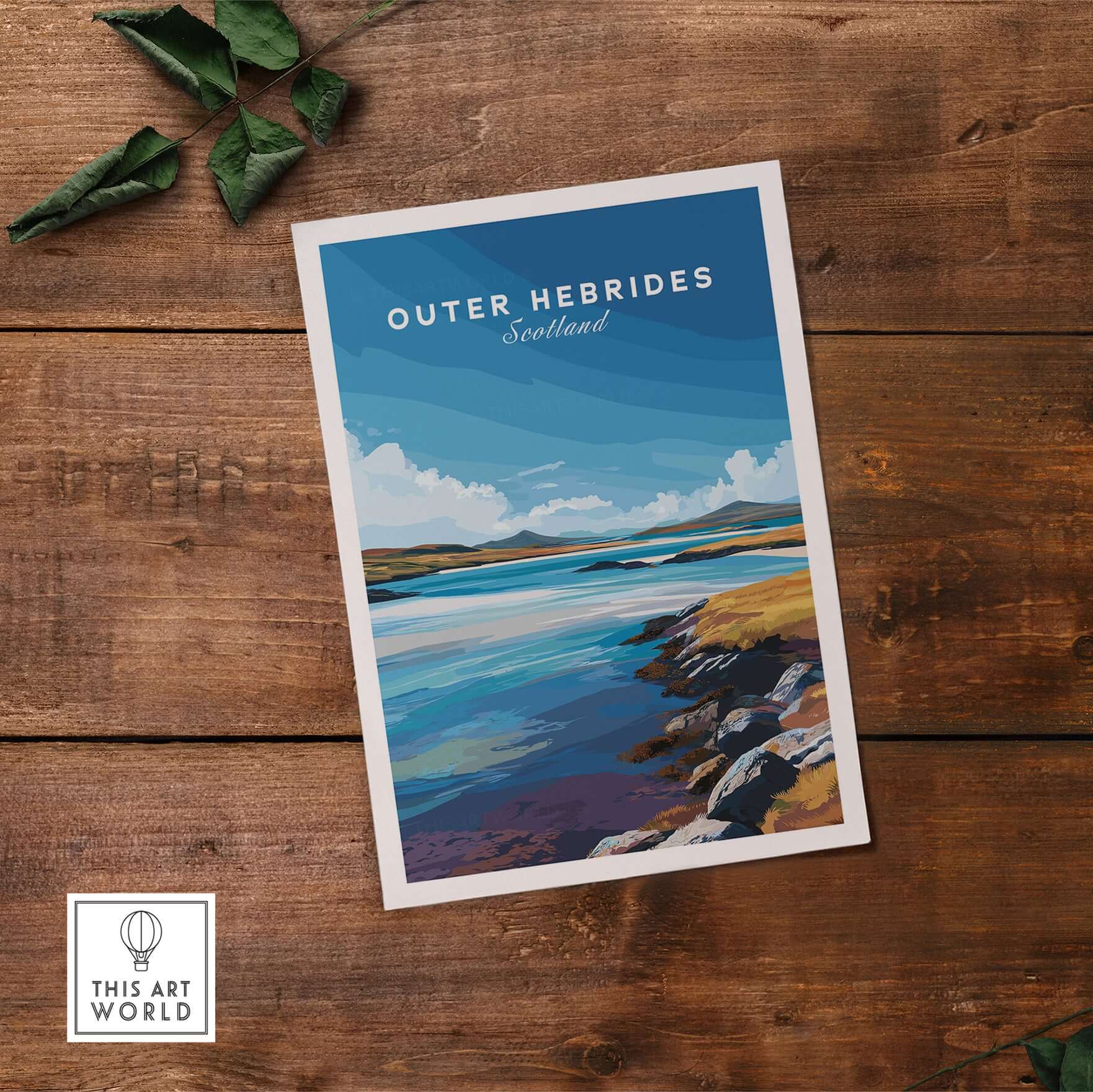 Outer Hebrides Wall Art - Scottish Islands Poster - Blue Sea Landscape Print on wooden background