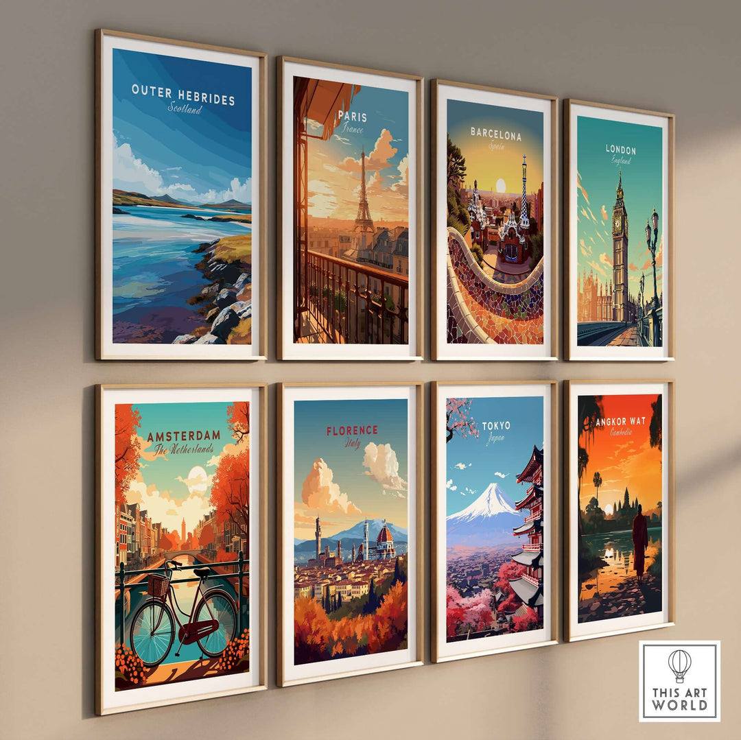 Collection of vibrant travel posters featuring Outer Hebrides, Paris, Barcelona, London, Amsterdam, Florence, Tokyo.