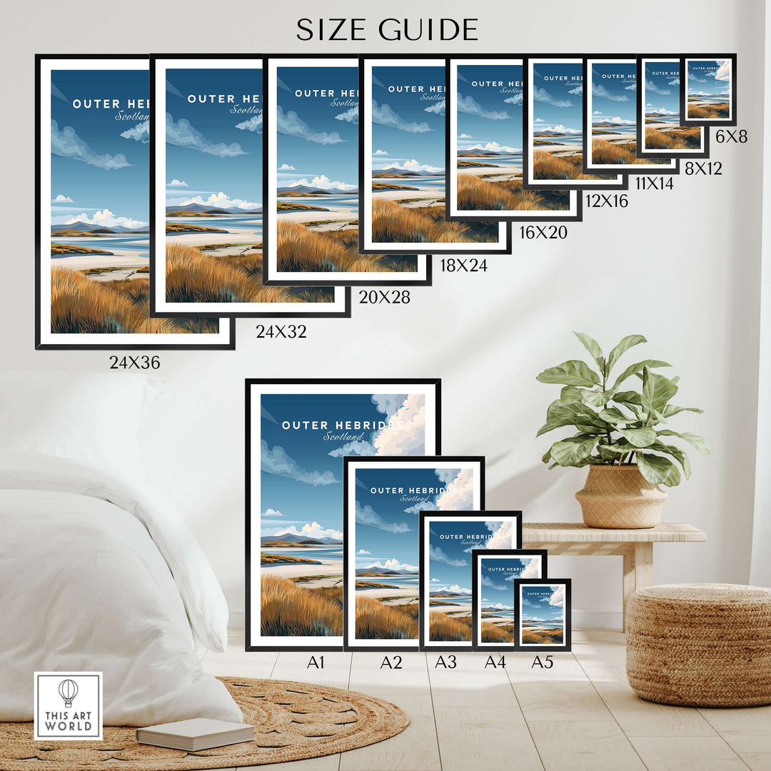 Size guide for Outer Hebrides travel print showing various frame sizes for posters and artwork.