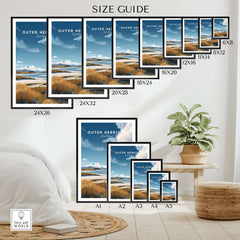 Scottish Islands Travel Print - Grassy Dunes & Seascape Poster - Outer Hebrides Decor size guide with framing options.