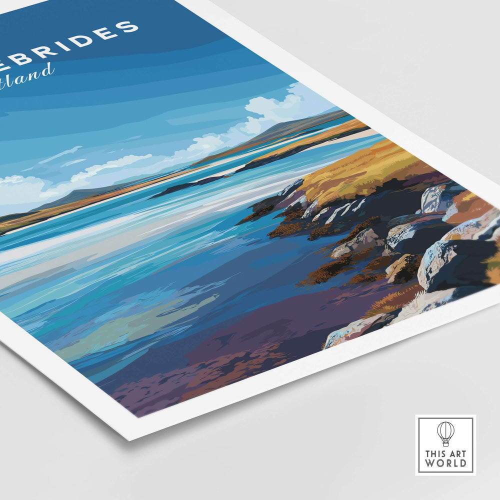 Outer Hebrides wall art featuring a blue sea landscape and rocky shore, perfect for adding coastal charm to any room.