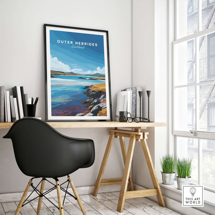 Outer Hebrides wall art poster featuring blue sea landscape in a stylish interior setting.