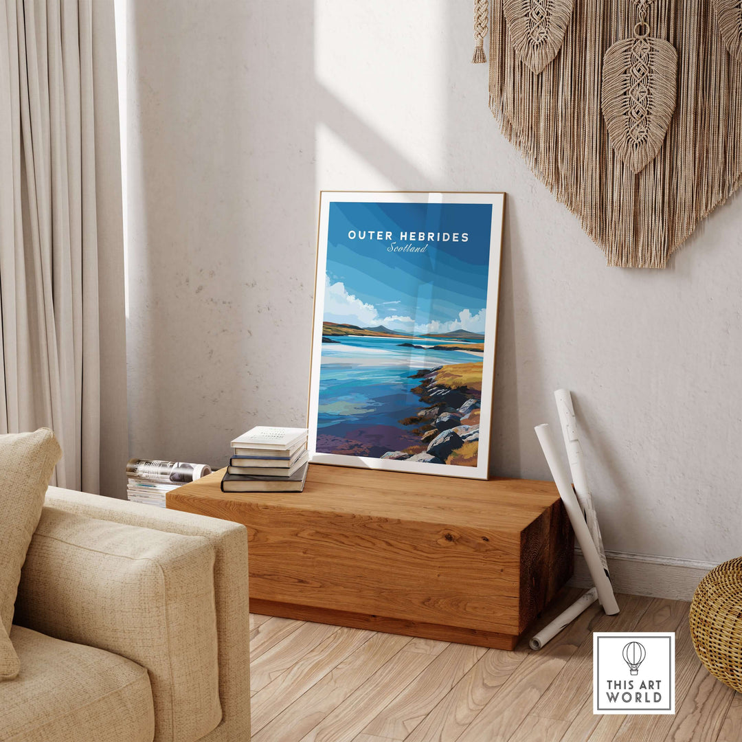 Outer Hebrides wall art poster featuring a blue sea landscape, showcased in a cozy living room setting.