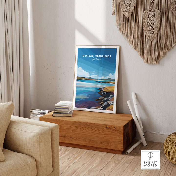 Outer Hebrides wall art poster featuring a blue sea landscape, showcased in a cozy living room setting.