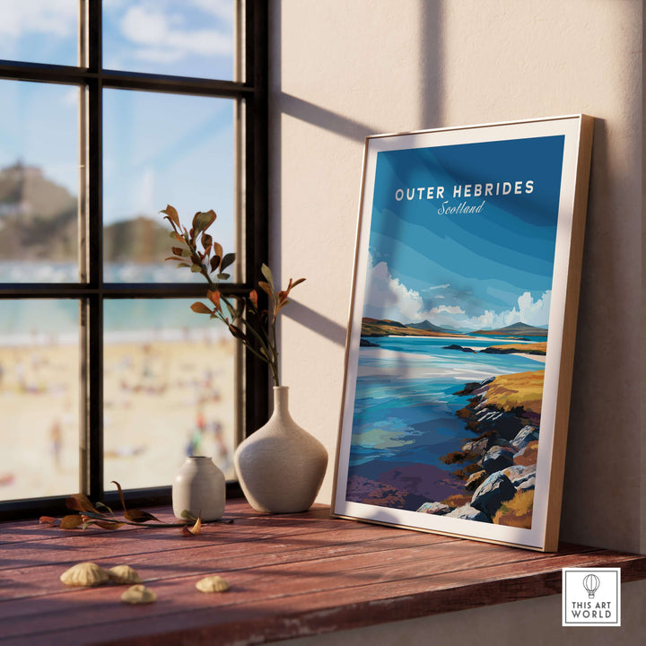 Outer Hebrides wall art poster showcasing a blue sea landscape, enhancing a cozy indoor space with Scottish charm.