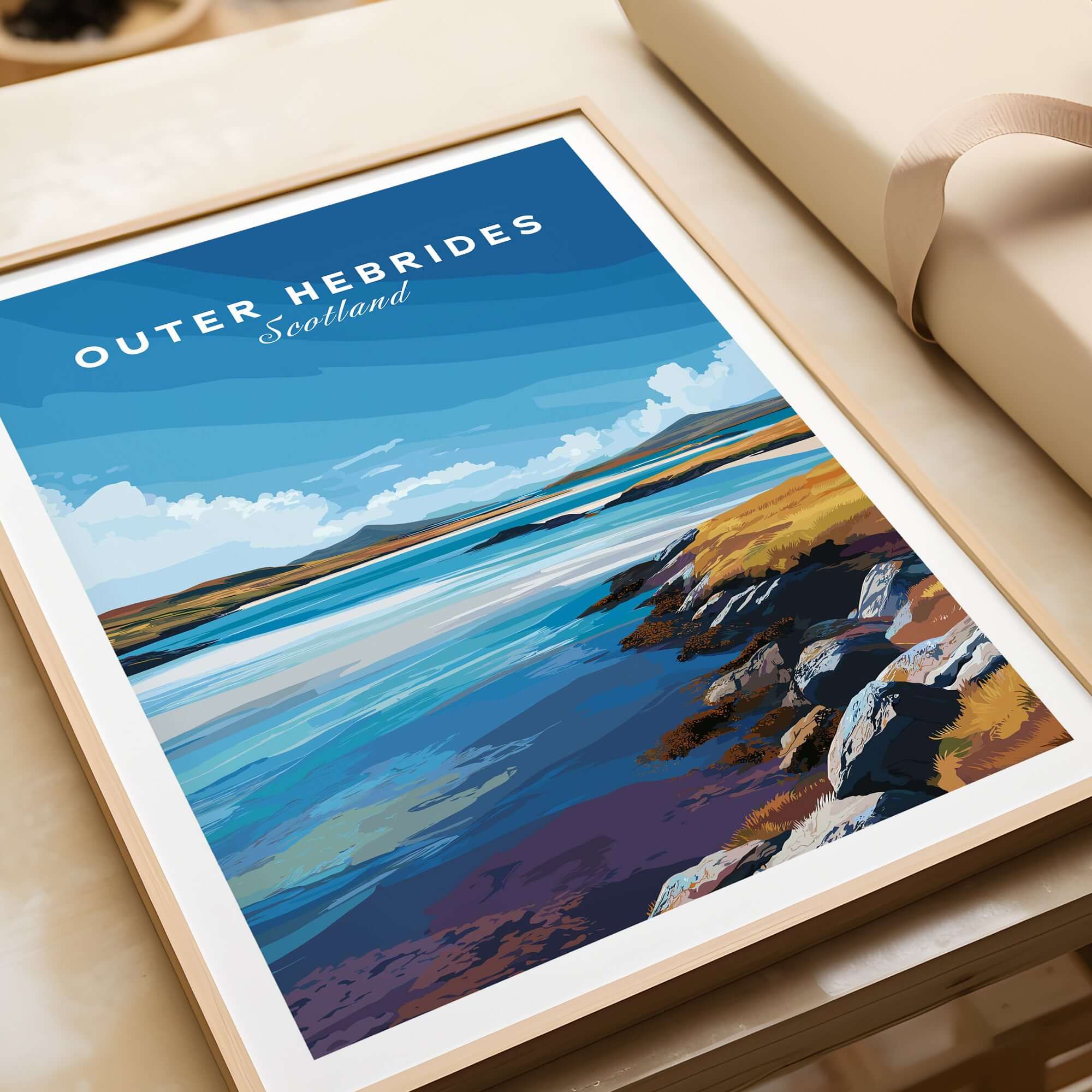 Outer Hebrides Wall Art - Scottish Islands Poster - Blue Sea Landscape Print framed on a table.