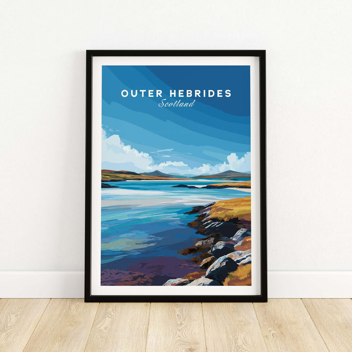 Outer Hebrides wall art poster showcasing a vibrant blue sea landscape, perfect for nature lovers and home decor.