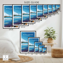 Outer Hebrides Wall Art - Scottish Islands Poster - Blue Sea Landscape Print size guide showing various frame sizes.