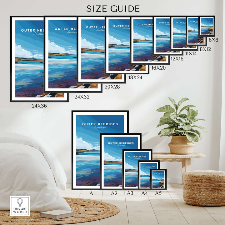 Size guide for Outer Hebrides wall art posters showing various dimensions and a blue sea landscape design.