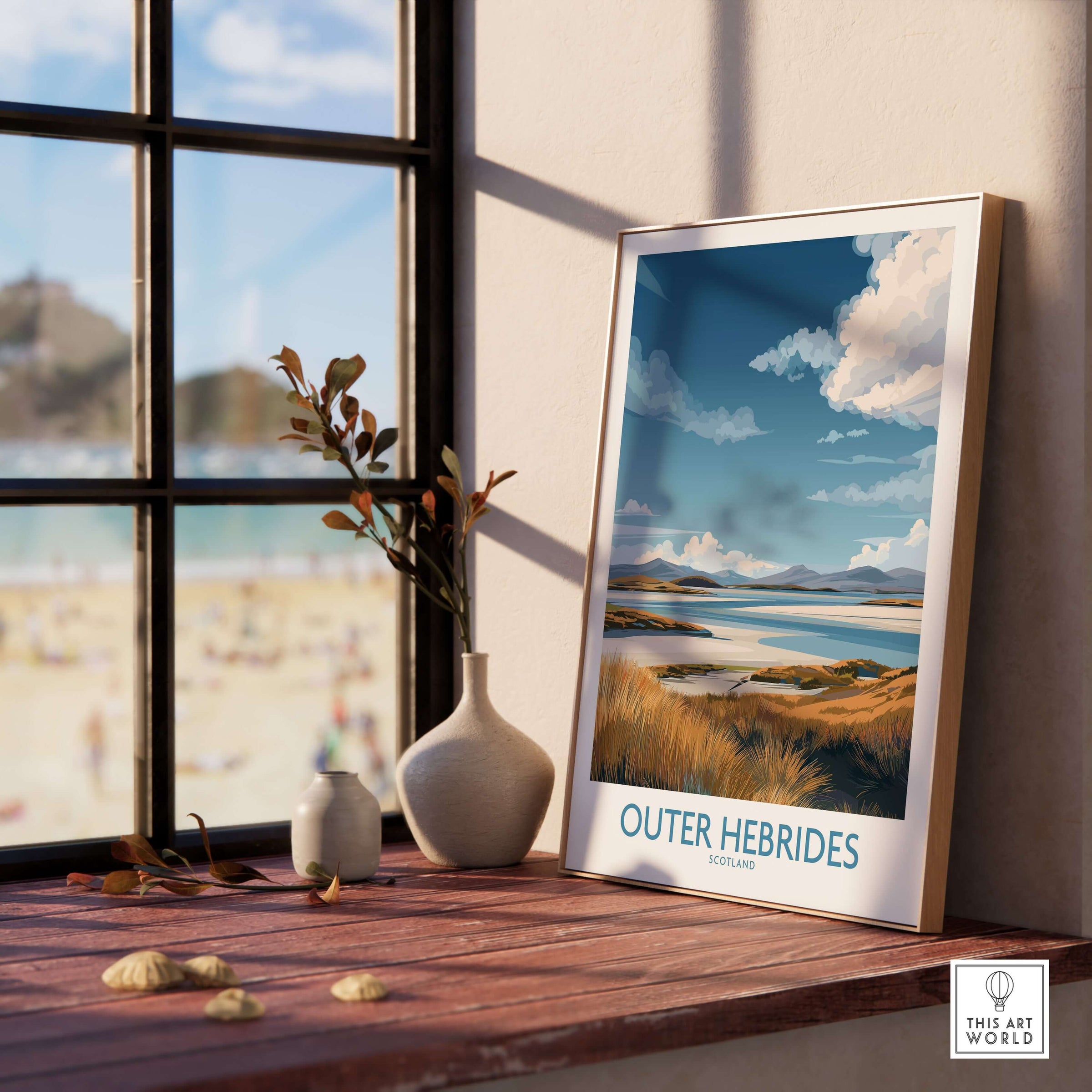 Outer Hebrides Landscape Poster - Scotland Coastal Print - Scottish Highlands Wall Art displayed on a wooden table by a window.