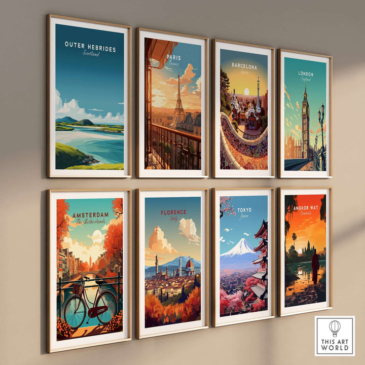 Gallery wall display of minimalist art prints featuring iconic cities, including Outer Hebrides, Paris, and Tokyo.
