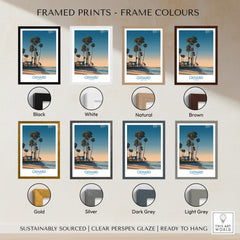 Oxnard Poster | California Beach House Sunset Canvas Print framed prints in various colors including black, white, natural, and brown.
