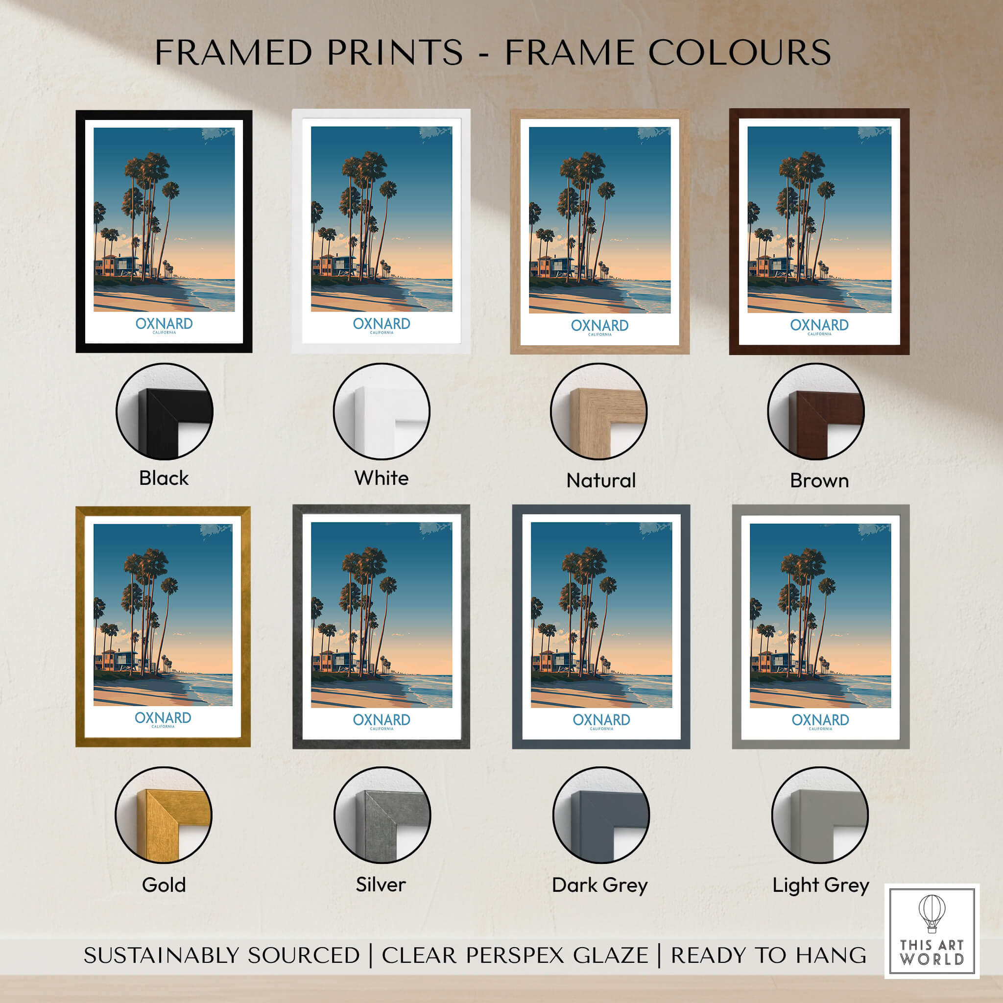 Oxnard Poster | California Beach House Sunset Canvas Print framed prints in various colors including black, white, natural, and brown.
