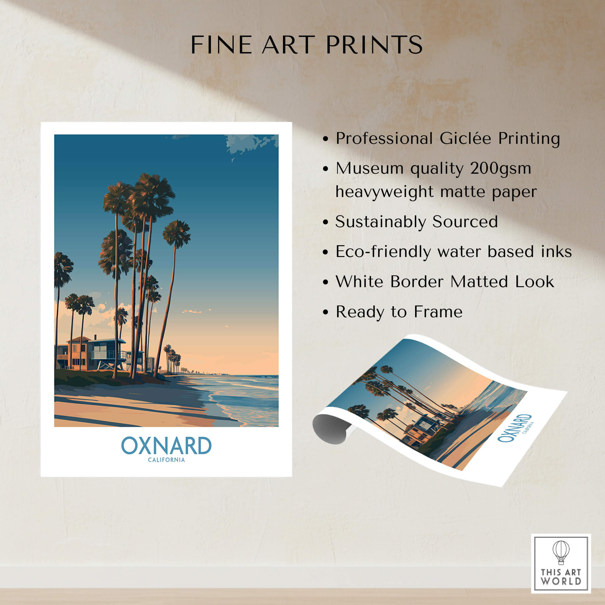 Oxnard Poster | California Beach House Sunset Canvas Print featuring palm trees and serene beach scene.
