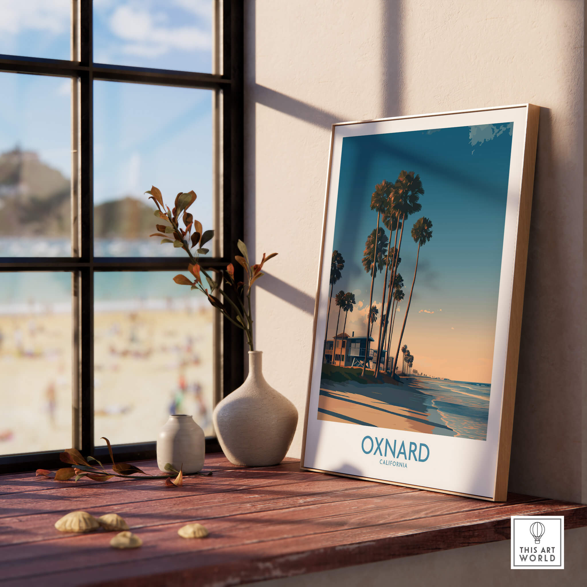Oxnard Poster | California Beach House Sunset Canvas Print displayed in a cozy window setting with beach views.