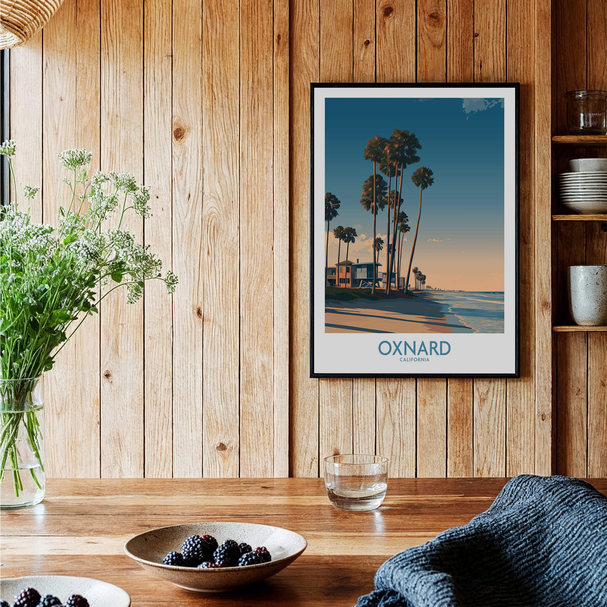 Oxnard Poster | California Beach House Sunset Canvas Print displayed on wooden wall with decor