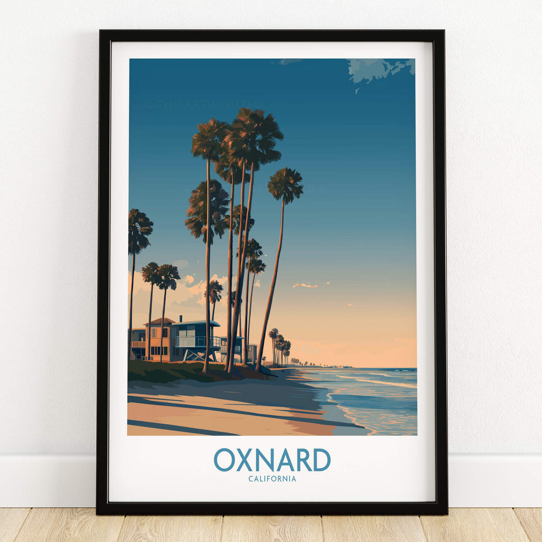 Oxnard Poster | California Beach House Sunset Canvas Print showcasing palm trees and serene coastal homes in California.