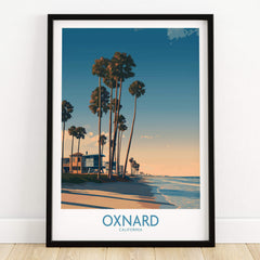 Oxnard Poster | California Beach House Sunset Canvas Print showcasing palm trees and serene coastal homes in California.
