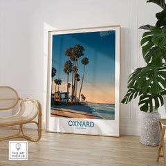 Oxnard Poster | California Beach House Sunset Canvas Print featuring palm trees and coastal scenery in a stylish interior setting.