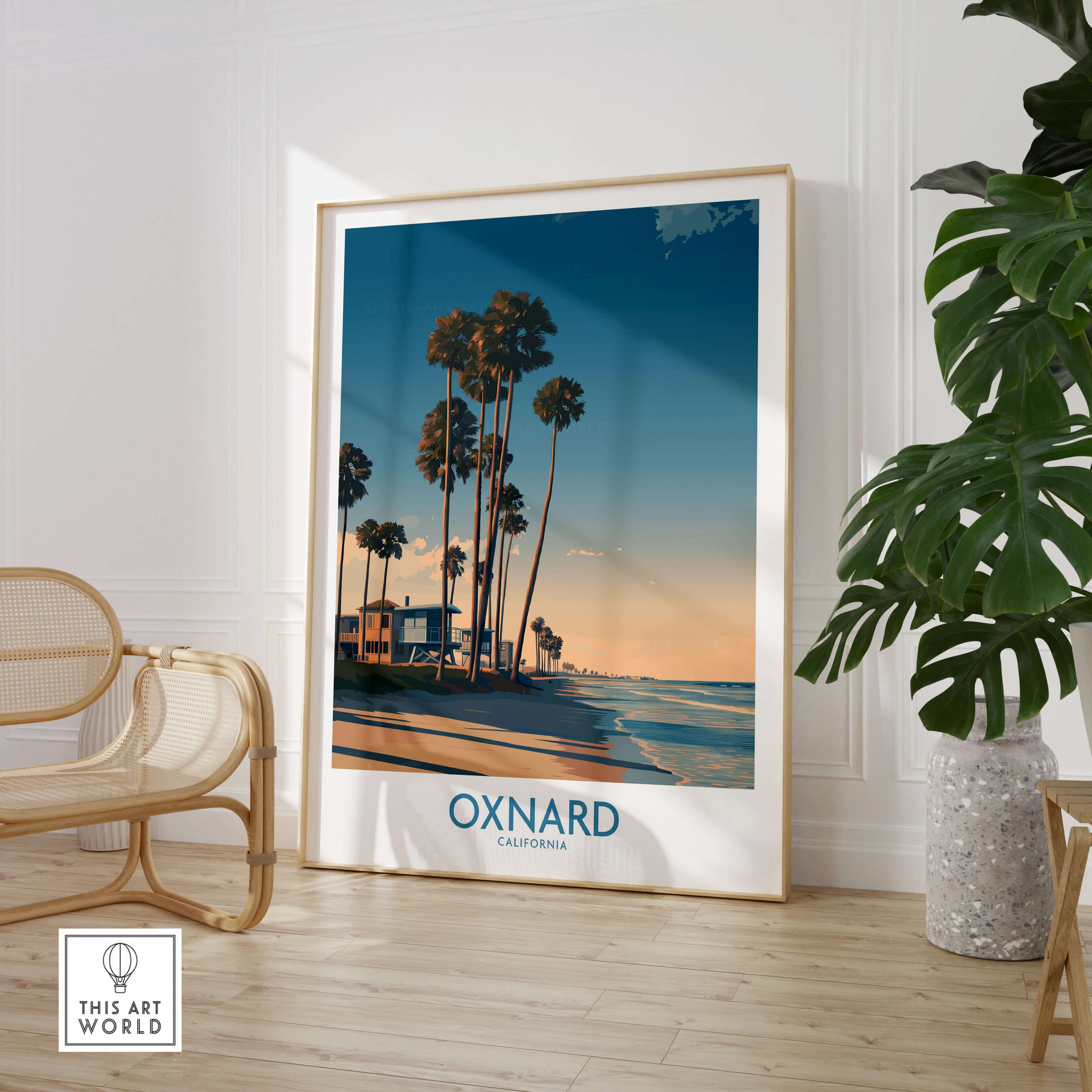 Oxnard Poster | California Beach House Sunset Canvas Print featuring palm trees and coastal scenery in a stylish interior setting.
