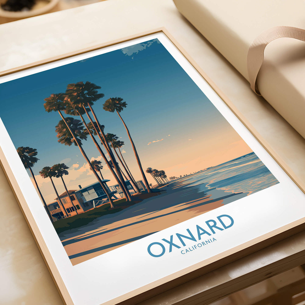 Oxnard Poster | California Beach House Sunset Canvas Print showcasing palm trees and coastal homes.