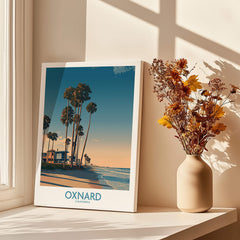 Oxnard Poster | California Beach House Sunset Canvas Print featuring palm trees and serene beach scene.
