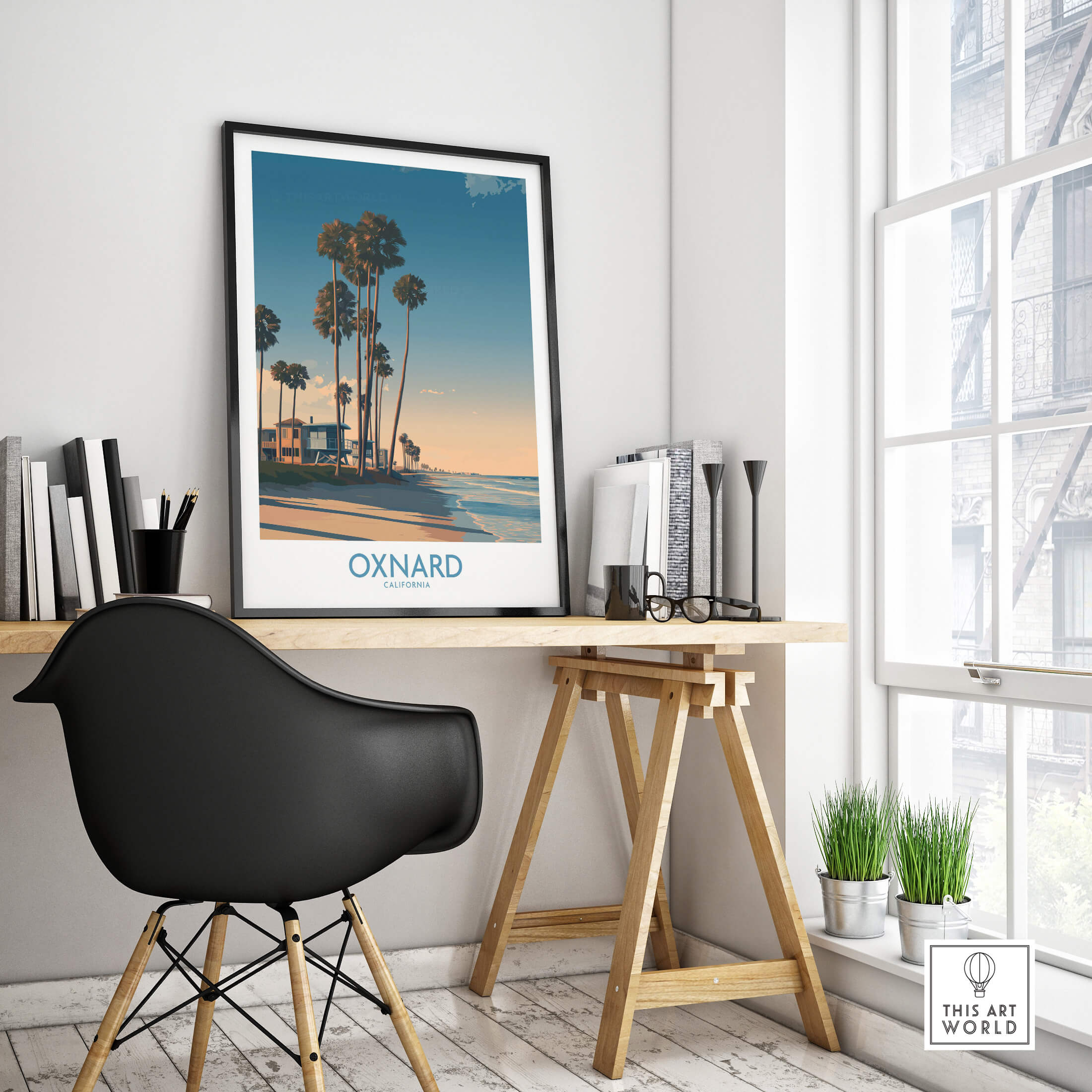 Oxnard Poster | California Beach House Sunset Canvas Print in a modern workspace decor.