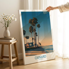 Oxnard Poster | California Beach House Sunset Canvas Print featuring palm trees and coastal homes.