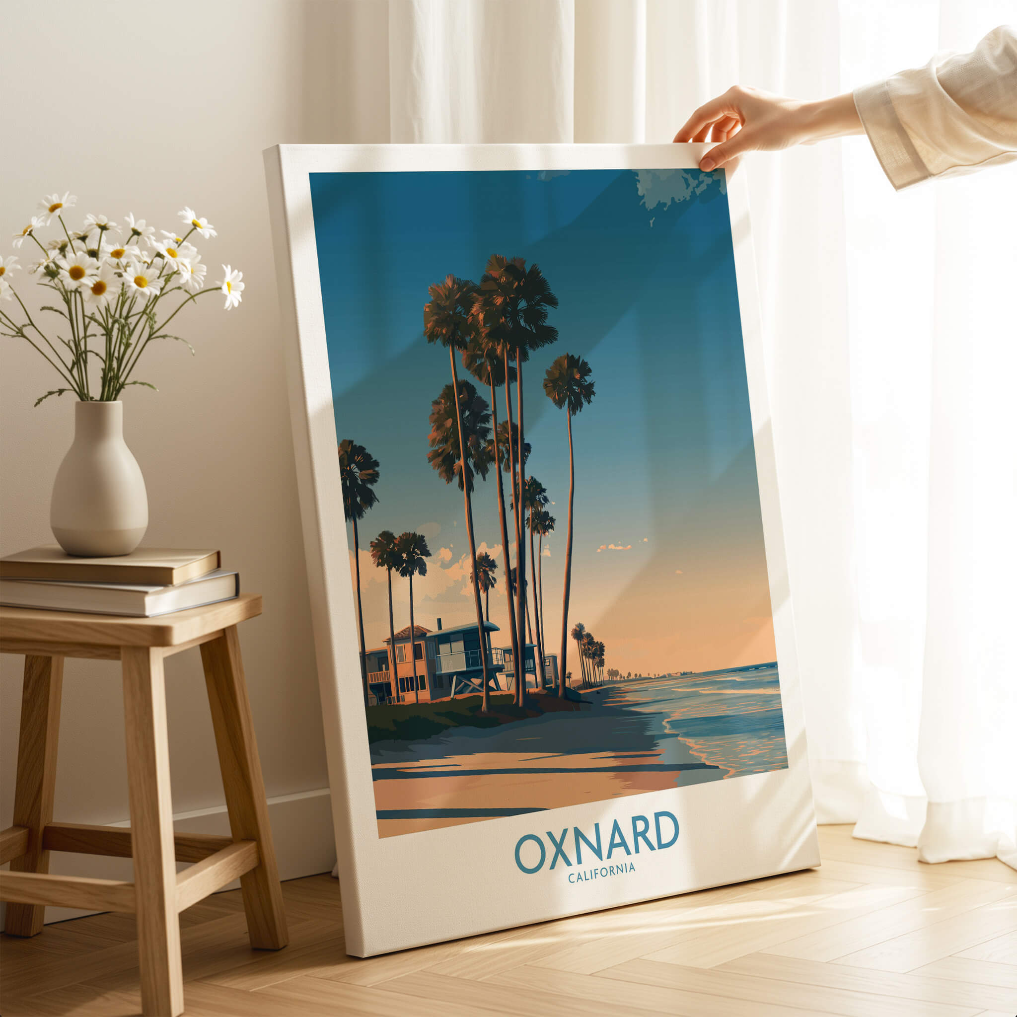 Oxnard Poster | California Beach House Sunset Canvas Print featuring palm trees and coastal homes.
