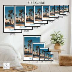 Oxnard Poster | California Beach House Sunset Canvas Print size guide showcasing various frame sizes.