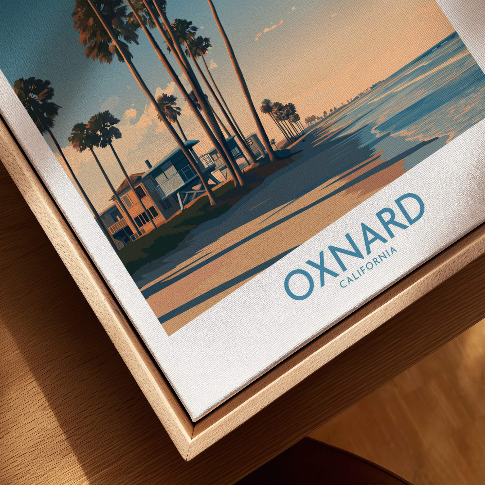 Oxnard Poster | California Beach House Sunset Canvas Print showcasing a beachside scene in Oxnard, California.