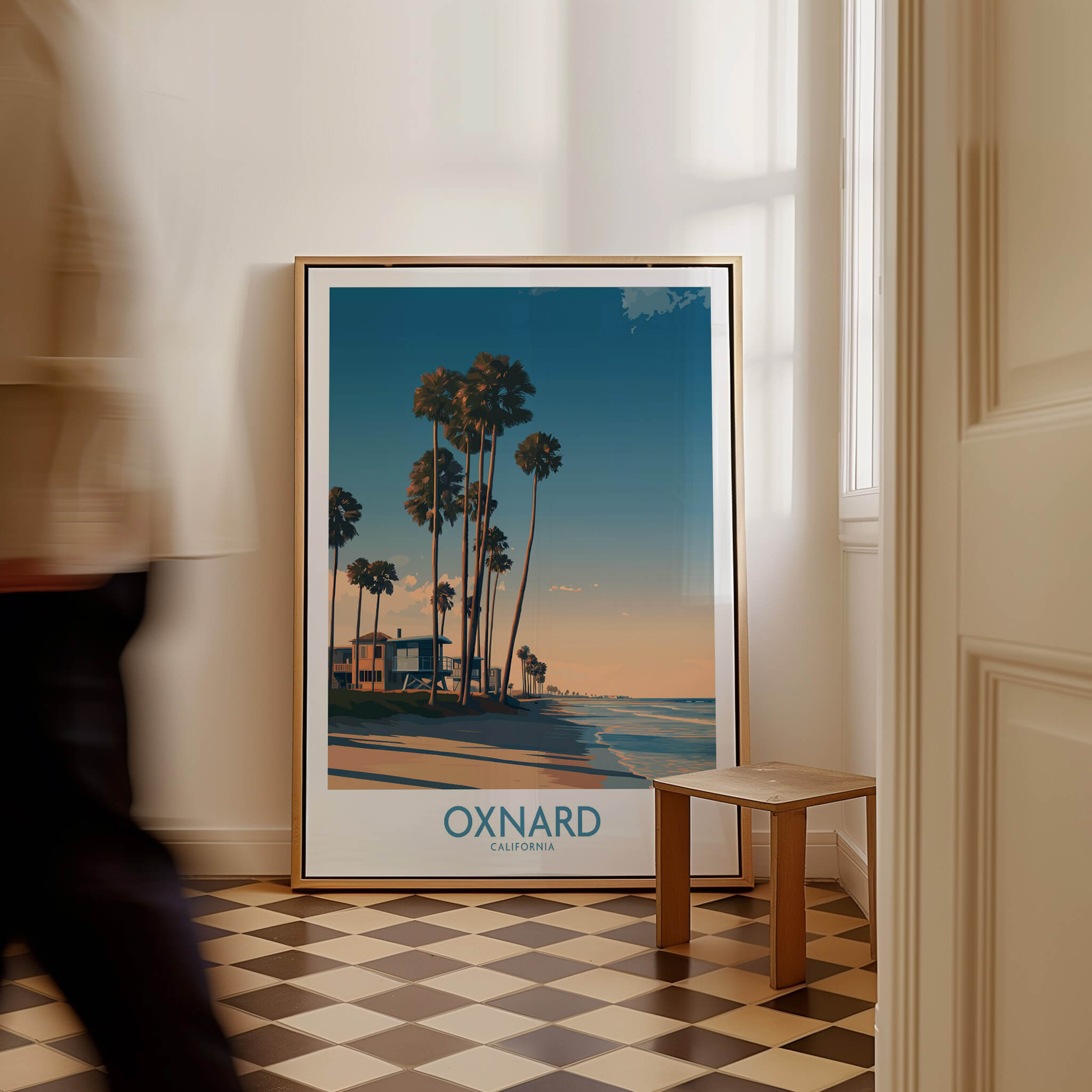 Oxnard Poster | California Beach House Sunset Canvas Print in stylish interior setting with palm trees and ocean view.
