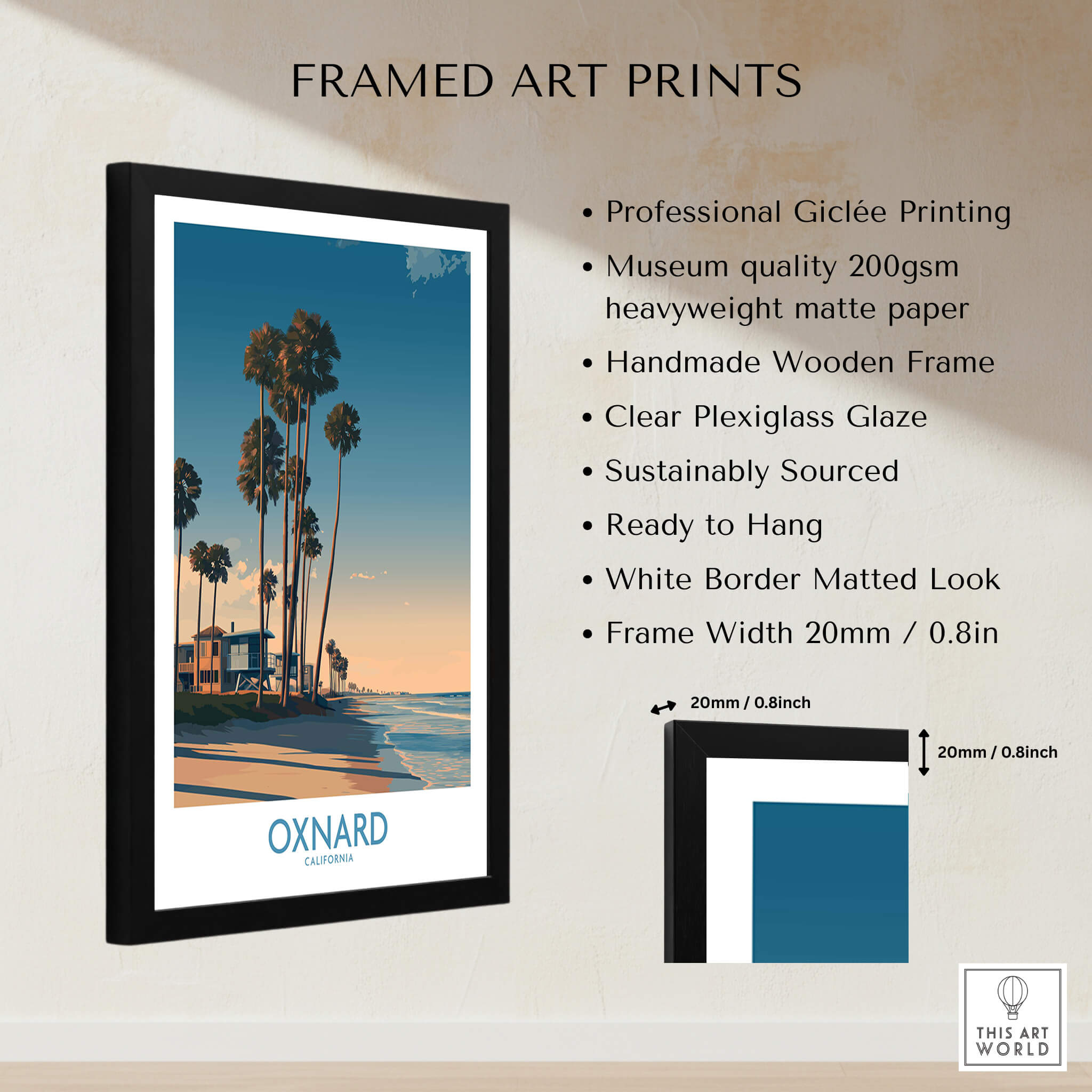 Oxnard Poster | California Beach House Sunset Canvas Print displayed in a framed art print with clear plexiglass.