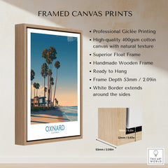 Oxnard Poster | California Beach House Sunset Canvas Print framed canvas print showcasing palm trees and beach houses.