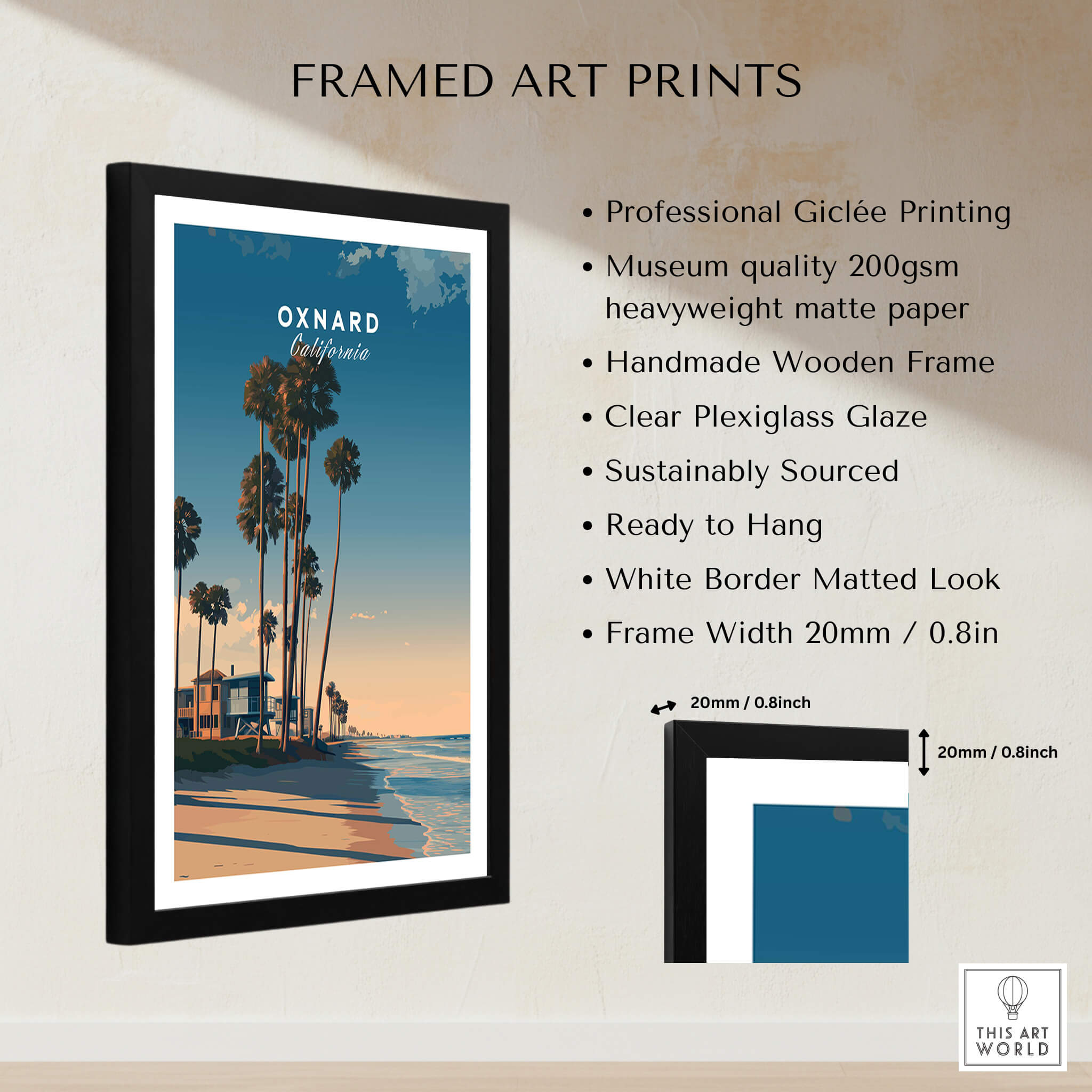 Oxnard California Wall Art Print | Pacific Coast Palms Travel Poster displayed in a framed art print.