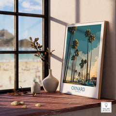 Oxnard California Poster | Vintage Beach Town Street Scene Canvas Print displayed in a sunlit interior with palm trees.