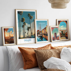 Oxnard California Poster | Vintage Beach Town Street Scene Canvas Print displayed among framed travel posters