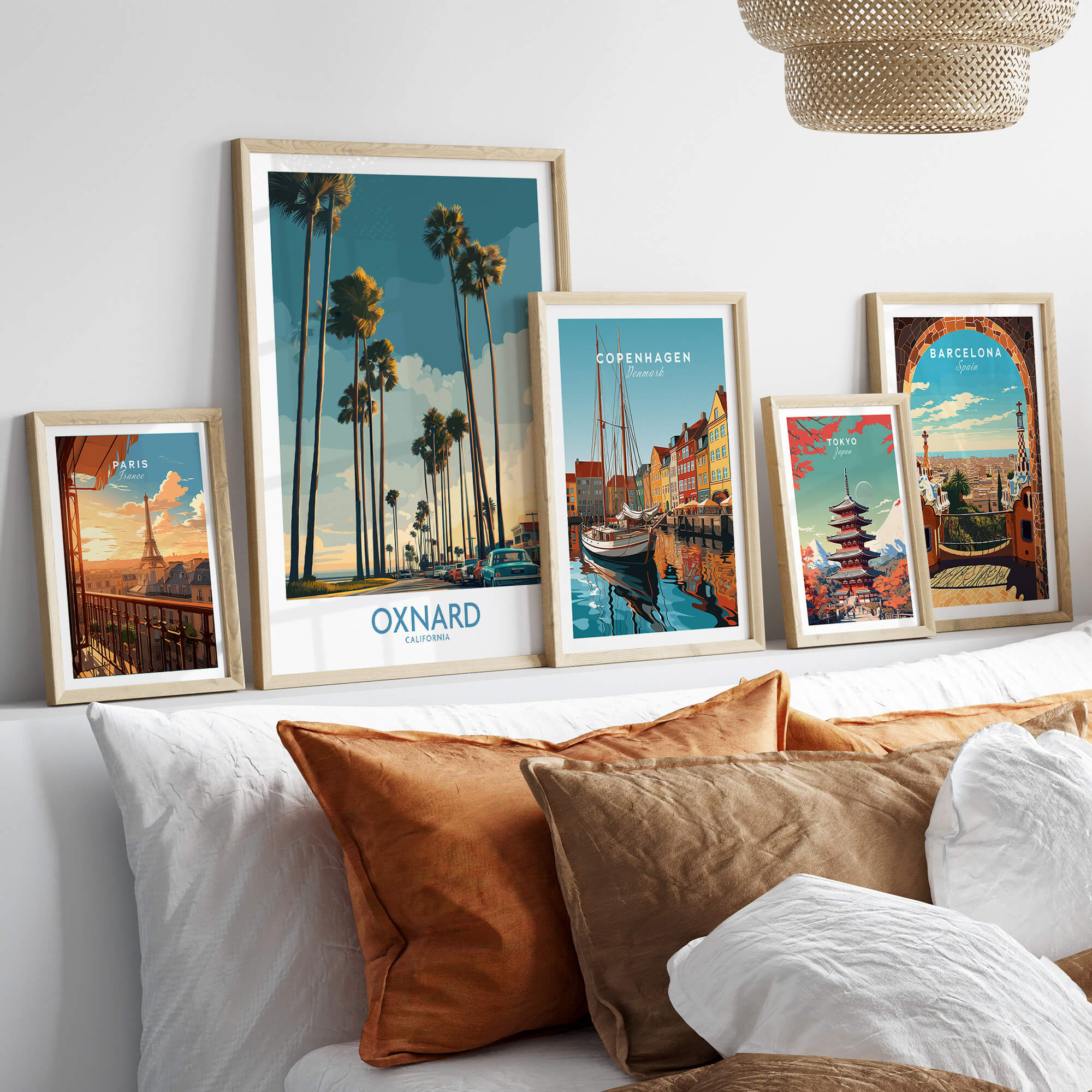 Oxnard California Poster | Vintage Beach Town Street Scene Canvas Print displayed among framed travel posters