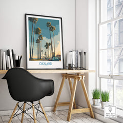 Oxnard California Poster | Vintage Beach Town Street Scene Canvas Print displayed in a modern home office with a stylish chair.