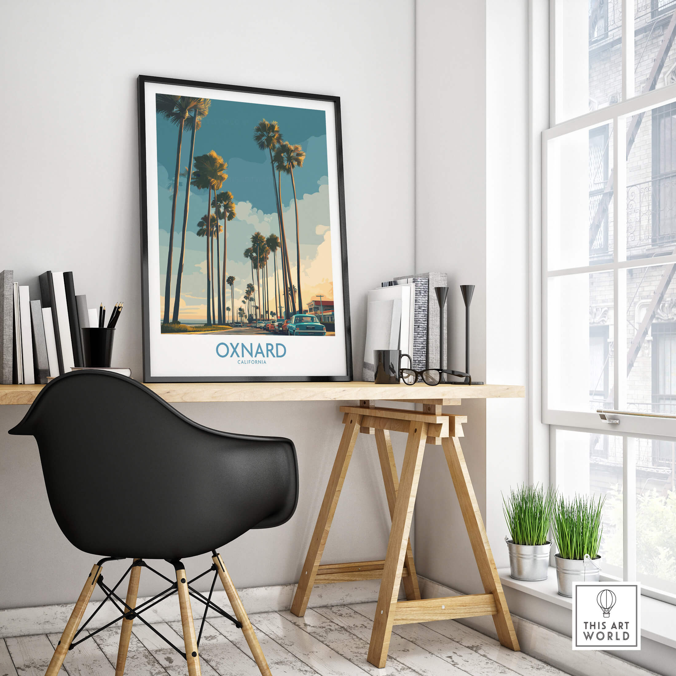 Oxnard California Poster | Vintage Beach Town Street Scene Canvas Print displayed in a modern home office with a stylish chair.