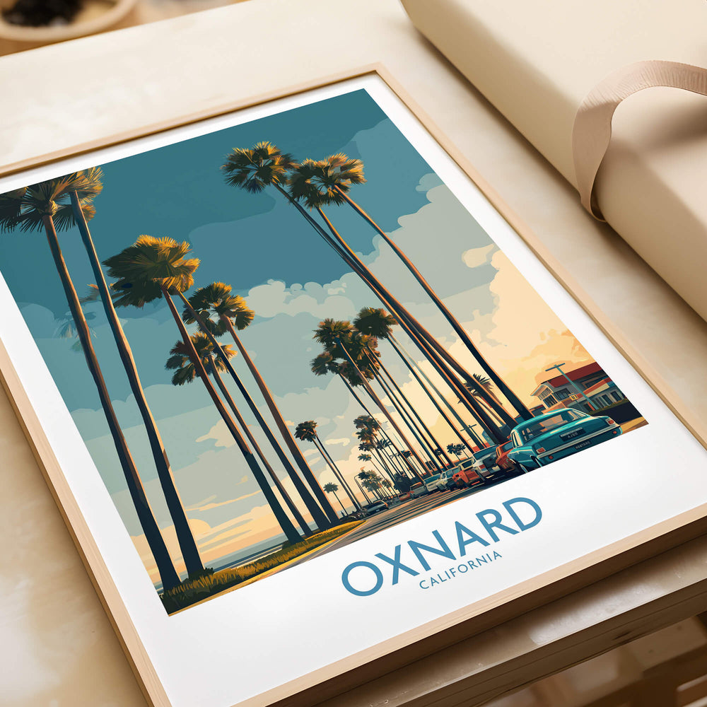 Oxnard California Poster | Vintage Beach Town Street Scene Canvas Print featuring palm trees and classic cars.