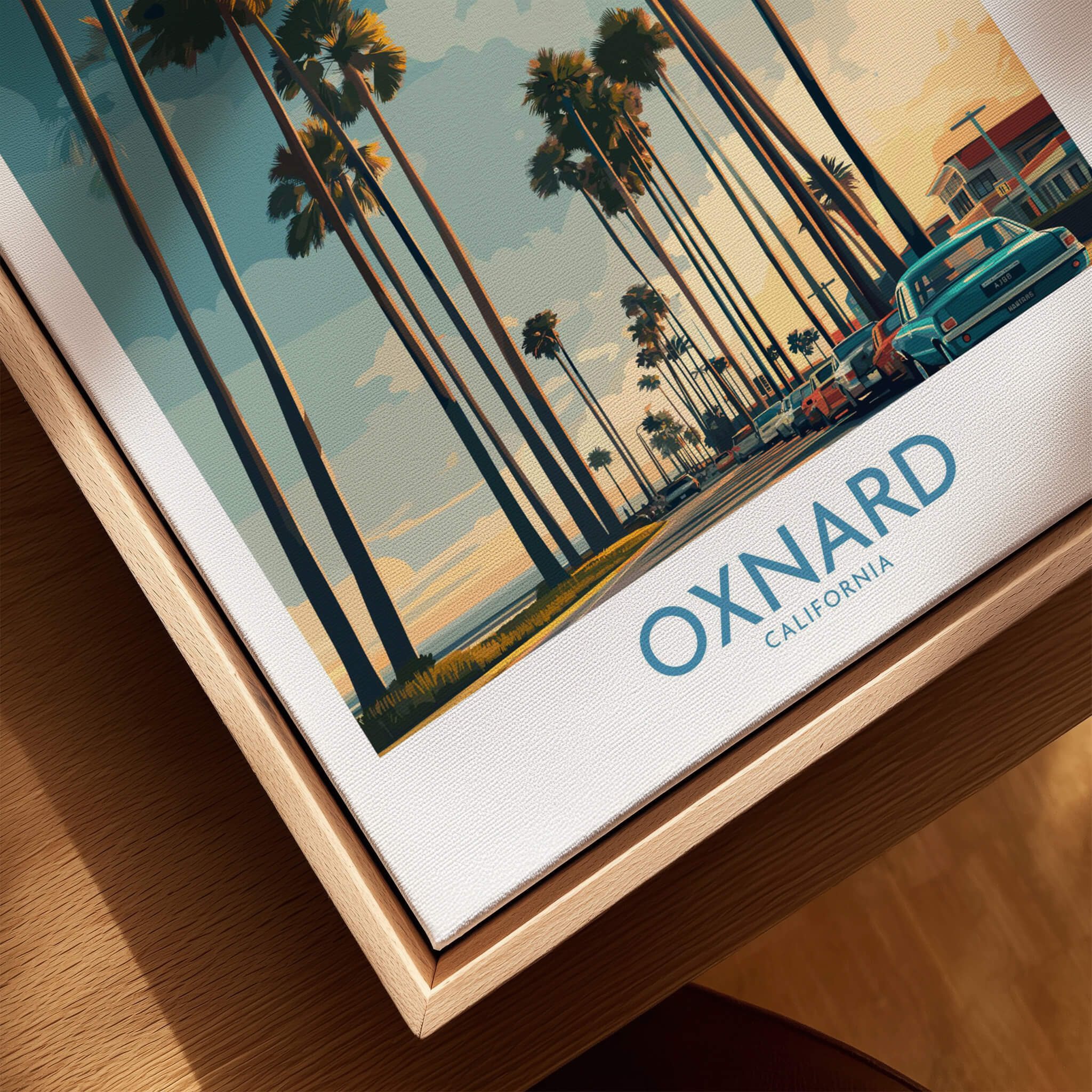 Oxnard California Poster | Vintage Beach Town Street Scene Canvas Print featuring palm trees and retro cars.