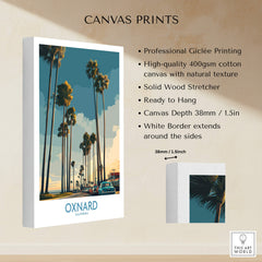 Oxnard California Poster | Vintage Beach Town Street Scene Canvas Print showcasing palm trees and retro settings.